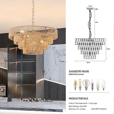 20" Boho Style 4-Layer Woven Hemp Rope Chandelier, Pendant Light, Hanging Light Fixture (No Bulbs)