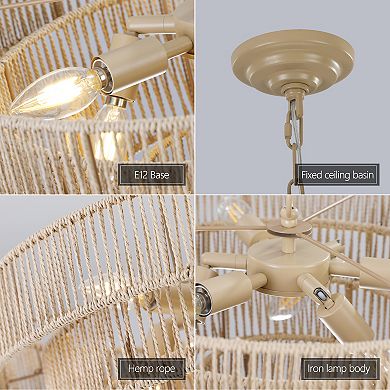 20" Boho Style 4-Layer Woven Hemp Rope Chandelier, Pendant Light, Hanging Light Fixture (No Bulbs)
