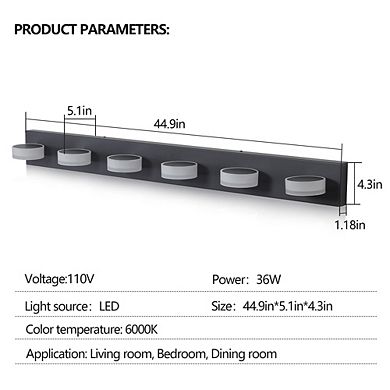 45" Modern 6-Light LED Vanity Light, Sleek Black Bathroom Wall Light Fixture