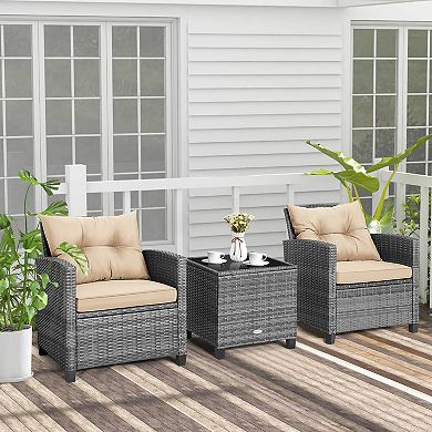 Costway 3 PCS Patio Rattan Furniture Bistro Set Cushioned Sofas Side Table Armrest