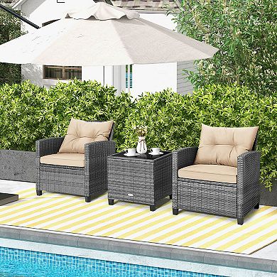 Costway 3 PCS Patio Rattan Furniture Bistro Set Cushioned Sofas Side Table Armrest