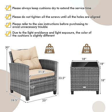 Costway 3 PCS Patio Rattan Furniture Bistro Set Cushioned Sofas Side Table Armrest