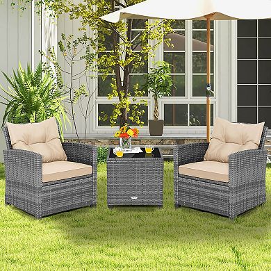 Costway 3 PCS Patio Rattan Furniture Bistro Set Cushioned Sofas Side Table Armrest