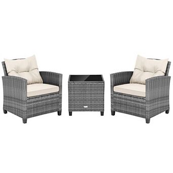 Costway 3 pc Patio Rattan Furniture Bistro Set Cushioned Sofas Side Table Armrest