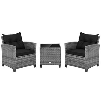 Costway 3 pc Patio Rattan Furniture Bistro Set Cushioned Sofas Side Table Armrest