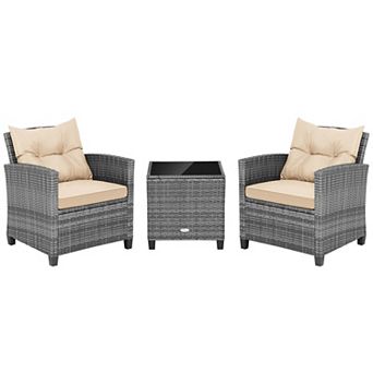 Costway 3 pc Patio Rattan Furniture Bistro Set Cushioned Sofas Side Table Armrest