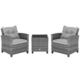 Costway 3 pc Patio Rattan Furniture Bistro Set Cushioned Sofas Side Table Armrest