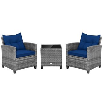 Costway 3 pc Patio Rattan Furniture Bistro Set Cushioned Sofas Side Table Armrest
