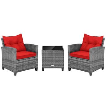 Costway 3 pc Patio Rattan Furniture Bistro Set Cushioned Sofas Side Table Armrest