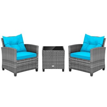Costway 3 pc Patio Rattan Furniture Bistro Set Cushioned Sofas Side Table Armrest