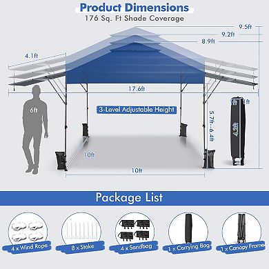 Costway 10' x 17.6' Outdoor Instant Pop-up Canopy Tent Dual Half Awnings Adjust Patio