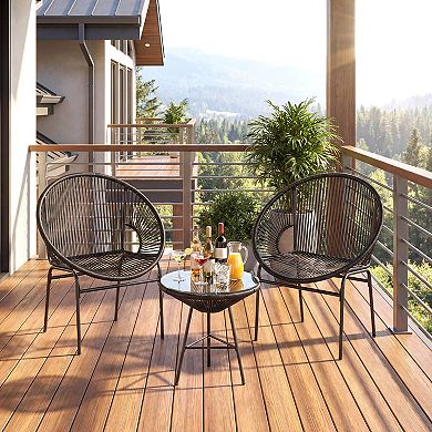 Costway 3 PCS Patio Acapulco Furniture Bistro Set Plastic Rope Glass Table