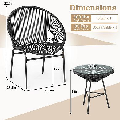 Costway 3 PCS Patio Acapulco Furniture Bistro Set Plastic Rope Glass Table