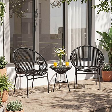 Costway 3 PCS Patio Acapulco Furniture Bistro Set Plastic Rope Glass Table