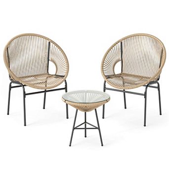 Costway 3 pc Patio Acapulco Furniture Bistro Set Plastic Rope Glass Table