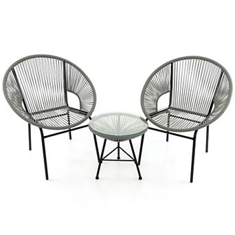 Costway 3 pc Patio Acapulco Furniture Bistro Set Plastic Rope Glass Table