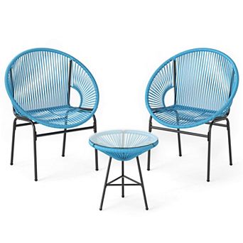 Costway 3 pc Patio Acapulco Furniture Bistro Set Plastic Rope Glass Table