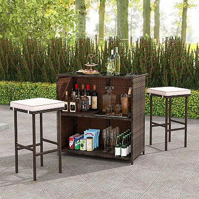 Costway 3 PCS Patio Bar Set with Tempered Glass Tabletop 2-Tier Storage Removable Cushions