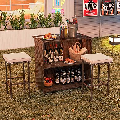 Costway 3 PCS Patio Bar Set with Tempered Glass Tabletop 2-Tier Storage Removable Cushions