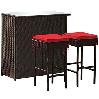 Costway 3 pc Patio Bar Set with Tempered Glass Tabletop 2 tier Storage Removable Cushions