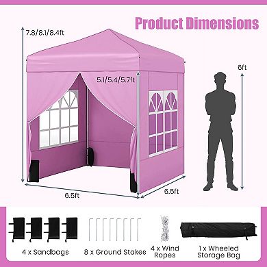 Costway 6.5 x 6.5 FT Pop up Canopy Tent with 4 Sidewalls, Wheeled Bag, 4 Sandbags, 8 Stakes
