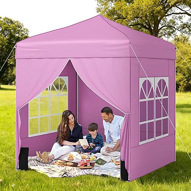 Costway 6.5 x 6.5 FT Pop up Canopy Tent with 4 Sidewalls, Wheeled Bag, 4 Sandbags, 8 Stakes
