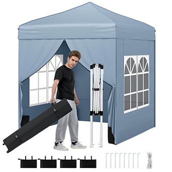 Costway 6.5 x 6.5 FT Pop up Canopy Tent with 4 Sidewalls, Wheeled Bag, 4 Sandbags, 8 Stakes