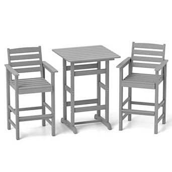 Costway 3 pc Patio HDPE Bar Set Armchairs with Square High-Top Table Footrest & Backrest