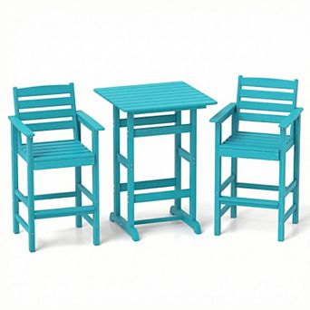 Costway 3 pc Patio HDPE Bar Set Armchairs with Square High-Top Table Footrest & Backrest