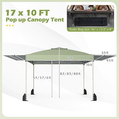 Costway 10x17 FT Pop Up Canopy Tent with Dual Adjustable Awnings, Silver-Coated Fabric