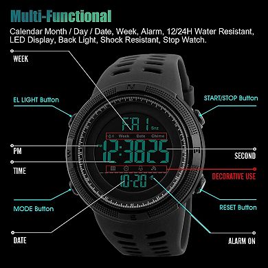 Men Sports Watch,Waterproof Digital Dual Time Wristwatch with LED Backlight