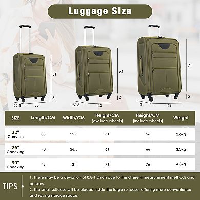 Softside Luggage 3 Piece Set, 22 26 30 inches Expandable Upright Spinner Travel Luggage