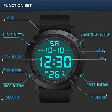 Men Waterproof Digital Sports Watch, Wristwatch with LED Backlight