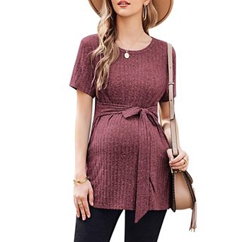 Ekouaer Maternity Tops Short Sleeve Pregnancy Shirts Tee Tunic Casual T Shirt Ribbed Knit Pregnant