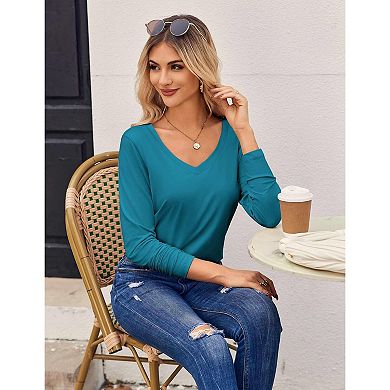 Zeagoo Long Sleeve Shirt for Woman V-Neck T Shirt Solid Casual Basic Tops Fall Tees Summer Clothing