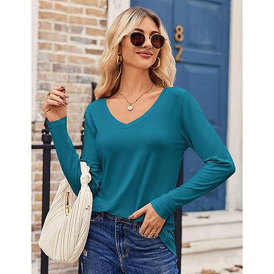 Zeagoo Long Sleeve Shirt for Woman V-Neck T Shirt Solid Casual Basic Tops Fall Tees Summer Clothing