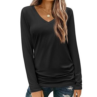 Zeagoo Long Sleeve Shirt for Woman V-Neck T Shirt Solid Casual Basic Tops Fall Tees Summer Clothing