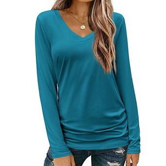 Zeagoo Long Sleeve Shirt for Woman V-Neck T Shirt Solid Casual Basic Tops Fall Tees Summer Clothing