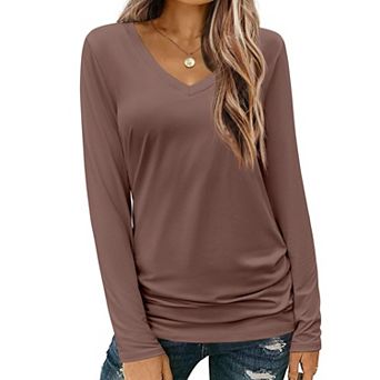 Zeagoo Long Sleeve Shirt for Woman V-Neck T Shirt Solid Casual Basic Tops Fall Tees Summer Clothing