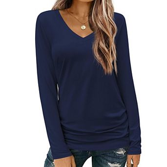 Zeagoo Long Sleeve Shirt for Woman V-Neck T Shirt Solid Casual Basic Tops Fall Tees Summer Clothing
