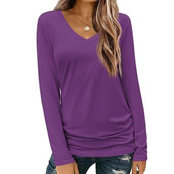 Zeagoo Long Sleeve Shirt for Woman V-Neck T Shirt Solid Casual Basic Tops Fall Tees Summer Clothing