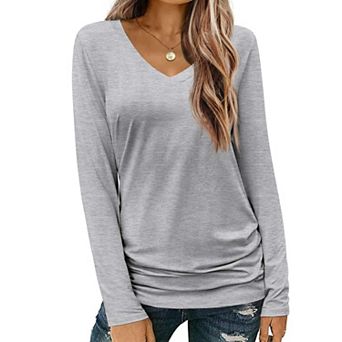 Zeagoo Long Sleeve Shirt for Woman V-Neck T Shirt Solid Casual Basic Tops Fall Tees Summer Clothing