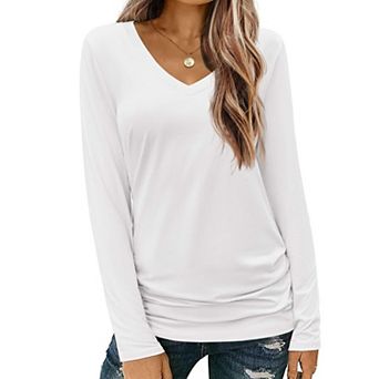 Zeagoo Long Sleeve Shirt for Woman V-Neck T Shirt Solid Casual Basic Tops Fall Tees Summer Clothing