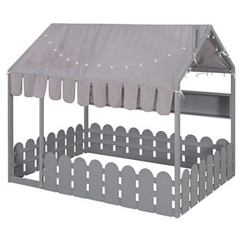 Merax Montessori House Bed for Kids Floor Bed with Fence Railings
