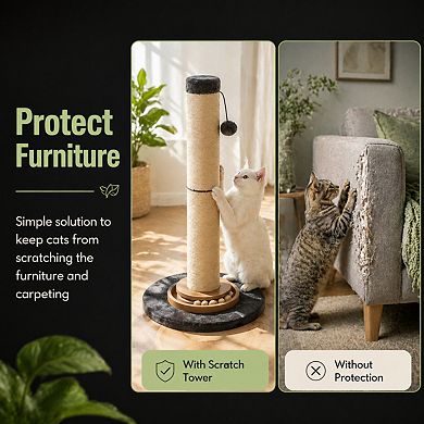 Petsfit Heavy Duty Cat Scratcher Tree 35in Tall Sisal Ropes Hanging Ball Interactive Mouse Toy