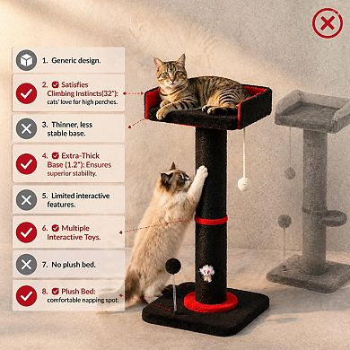 Petsfit Tall Cat Scratcher Tower with Sisal Rope Solid Wood Double Base Cat Bed Toys