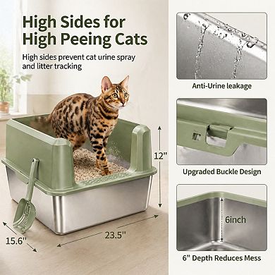 Nicate Enclosed Stainless Cat Litter Box High Sides, Anti-Odor, Easy Clean + Scoop
