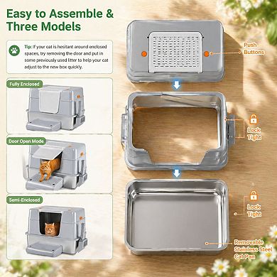 Nicate Stainless Steel XL Litter Box Enclosed 3 Modes Removable Pan Scoop Accessories