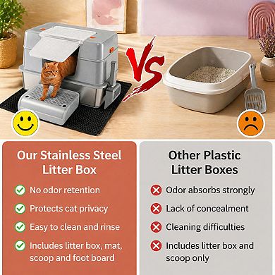Nicate Stainless Steel XL Litter Box Enclosed 3 Modes Removable Pan Scoop Accessories