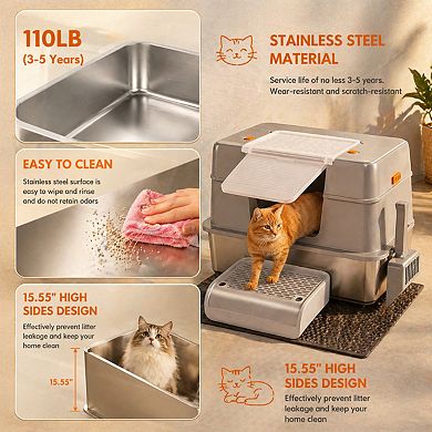 Nicate Stainless Steel XL Litter Box Enclosed 3 Modes Removable Pan Scoop Accessories